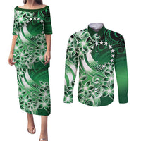 Cook Islands Tattoo Couples Matching Puletasi and Long Sleeve Button Shirt Plumeria Polynesian Pattern