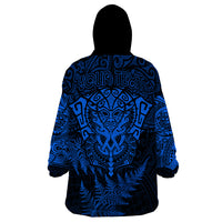 Personalised New Zealand Rugby Wearable Blanket Hoodie Silver Fern All Black Mix Ta Moko Blue Style LT9 - Polynesian Pride