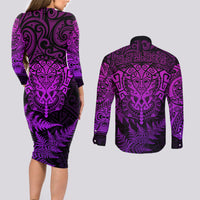 New Zealand Rugby Couples Matching Long Sleeve Bodycon Dress and Long Sleeve Button Shirts Silver Fern All Black Mix Ta Moko Purple Style LT9 - Polynesian Pride