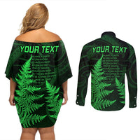 Personalised New Zealand Rugby Couples Matching Off Shoulder Short Dress and Long Sleeve Button Shirts Aotearoa Ka Mate Haka All Black Mix Ta Moko Green Style LT9 - Polynesian Pride
