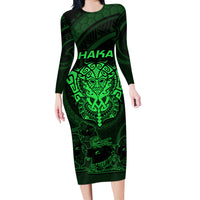 Personalised New Zealand Rugby Long Sleeve Bodycon Dress Aotearoa Ka Mate Haka All Black Mix Ta Moko Green Style LT9 Long Dress Green - Polynesian Pride