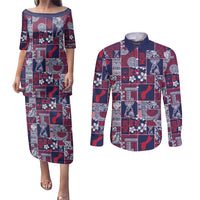 Guam Felis Pasgua Couples Matching Puletasi and Long Sleeve Button Shirt Pacific Patchwork Xmas Vibes - Polynesian Pride