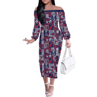 Guam Felis Pasgua Family Matching Off The Shoulder Long Sleeve Dress and Hawaiian Shirt Pacific Patchwork Xmas Vibes LT9 Mom's Dress Blue - Polynesian Pride
