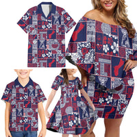 Guam Felis Pasgua Family Matching Off Shoulder Short Dress and Hawaiian Shirt Pacific Patchwork Xmas Vibes - Polynesian Pride