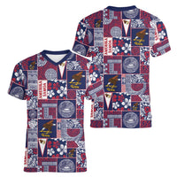 Manuia le Kerisimasi American Samoa Women V-Neck T-Shirt Pacific Patchwork Xmas Vibes - Polynesian Pride