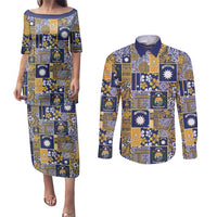 Ekamawir omo Nauru Couples Matching Puletasi and Long Sleeve Button Shirt Pacific Patchwork Xmas Vibes LT9 Blue - Polynesian Pride