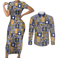Ekamawir omo Nauru Couples Matching Short Sleeve Bodycon Dress and Long Sleeve Button Shirt Pacific Patchwork Xmas Vibes - Polynesian Pride