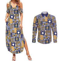 Ekamawir omo Nauru Couples Matching Summer Maxi Dress and Long Sleeve Button Shirt Pacific Patchwork Xmas Vibes LT9 Blue - Polynesian Pride