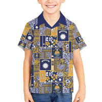Ekamawir omo Nauru Family Matching Off The Shoulder Long Sleeve Dress and Hawaiian Shirt Pacific Patchwork Xmas Vibes LT9 Son's Shirt Blue - Polynesian Pride