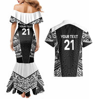 New Zealand Black Fern Custom Couples Matching Mermaid Dress and Hawaiian Shirt Maori Tukutuku Black-white Motif LT9 - Polynesian Pride