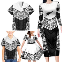 New Zealand Black Fern Custom Family Matching Long Sleeve Bodycon Dress and Hawaiian Shirt Maori Tukutuku Black-white Motif