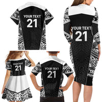 New Zealand Black Fern Custom Family Matching Long Sleeve Bodycon Dress and Hawaiian Shirt Maori Tukutuku Black-white Motif