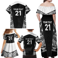 New Zealand Black Fern Custom Family Matching Off Shoulder Maxi Dress and Hawaiian Shirt Maori Tukutuku Black-white Motif