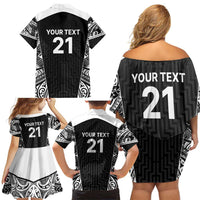 New Zealand Black Fern Custom Family Matching Off Shoulder Short Dress and Hawaiian Shirt Maori Tukutuku Black-white Motif LT9 - Polynesian Pride