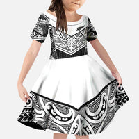 New Zealand Black Fern Custom Family Matching Puletasi and Hawaiian Shirt Maori Tukutuku Black-white Motif LT9 Daughter's Dress White - Polynesian Pride