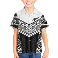 New Zealand Black Fern Custom Family Matching Puletasi and Hawaiian Shirt Maori Tukutuku Black-white Motif LT9 Son's Shirt White - Polynesian Pride
