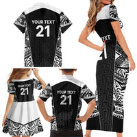 New Zealand Black Fern Custom Family Matching Short Sleeve Bodycon Dress and Hawaiian Shirt Maori Tukutuku Black-white Motif