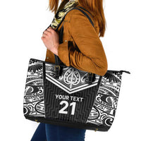 New Zealand Black Fern Custom Leather Tote Bag Maori Tukutuku Black-white Motif LT9 White - Polynesian Pride