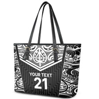 New Zealand Black Fern Custom Leather Tote Bag Maori Tukutuku Black-white Motif LT9 - Polynesian Pride