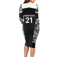 New Zealand Black Fern Custom Long Sleeve Bodycon Dress Maori Tukutuku Black-white Motif LT9 - Polynesian Pride