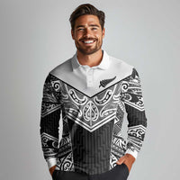 New Zealand Black Fern Custom Long Sleeve Polo Shirt Maori Tukutuku Black-white Motif