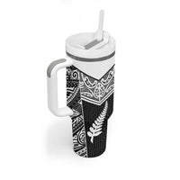 New Zealand Black Fern Custom Tumbler With Handle Maori Tukutuku Black-white Motif