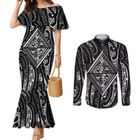 New Zealand Maori Taniko Couples Matching Mermaid Dress and Long Sleeve Button Shirt Black Kowhaiwhai Puhoro LT9 Black - Polynesian Pride