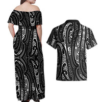New Zealand Maori Taniko Couples Matching Off Shoulder Maxi Dress and Hawaiian Shirt Black Kowhaiwhai Puhoro LT9 - Polynesian Pride