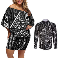 New Zealand Maori Taniko Couples Matching Off Shoulder Short Dress and Long Sleeve Button Shirt Black Kowhaiwhai Puhoro LT9 Black - Polynesian Pride