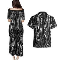 New Zealand Maori Taniko Couples Matching Puletasi and Hawaiian Shirt Black Kowhaiwhai Puhoro LT9 - Polynesian Pride