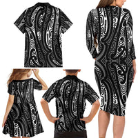 New Zealand Maori Taniko Family Matching Long Sleeve Bodycon Dress and Hawaiian Shirt Black Kowhaiwhai Puhoro