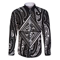 New Zealand Maori Taniko Family Matching Off The Shoulder Long Sleeve Dress and Hawaiian Shirt Black Kowhaiwhai Puhoro LT9 Dad's Shirt - Long Sleeve Black - Polynesian Pride