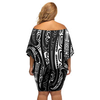 New Zealand Maori Taniko Family Matching Off Shoulder Short Dress and Hawaiian Shirt Black Kowhaiwhai Puhoro LT9 - Polynesian Pride