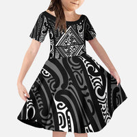 New Zealand Maori Taniko Family Matching Summer Maxi Dress and Hawaiian Shirt Black Kowhaiwhai Puhoro LT9 Daughter's Dress Black - Polynesian Pride