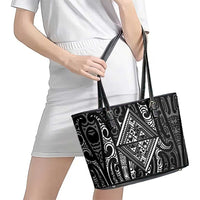 New Zealand Maori Taniko Leather Tote Bag Black Kowhaiwhai Puhoro LT9 - Polynesian Pride