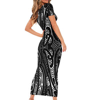 New Zealand Maori Taniko Short Sleeve Bodycon Dress Black Kowhaiwhai Puhoro LT9 - Polynesian Pride