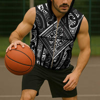 New Zealand Maori Taniko Sleeveless Zip Hoodie Black Kowhaiwhai Puhoro LT9 - Polynesian Pride