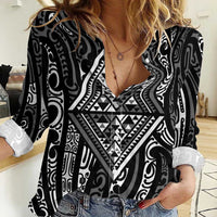 New Zealand Maori Taniko Women Casual Shirt Black Kowhaiwhai Puhoro