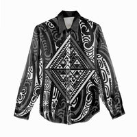 New Zealand Maori Taniko Women Casual Shirt Black Kowhaiwhai Puhoro
