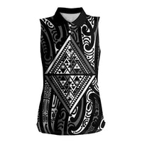 New Zealand Maori Taniko Women Sleeveless Polo Shirt Black Kowhaiwhai Puhoro LT9 Female Black - Polynesian Pride