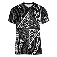 New Zealand Maori Taniko Women V-Neck T-Shirt Black Kowhaiwhai Puhoro LT9 Female Black - Polynesian Pride