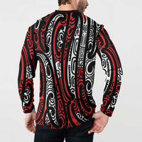 New Zealand Maori Taniko Button Sweatshirt Red Kowhaiwhai Puhoro