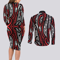 New Zealand Maori Taniko Couples Matching Long Sleeve Bodycon Dress and Long Sleeve Button Shirt Red Kowhaiwhai Puhoro LT9 - Polynesian Pride