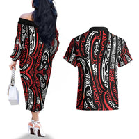New Zealand Maori Taniko Couples Matching Off The Shoulder Long Sleeve Dress and Hawaiian Shirt Red Kowhaiwhai Puhoro LT9 - Polynesian Pride