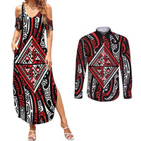 New Zealand Maori Taniko Couples Matching Summer Maxi Dress and Long Sleeve Button Shirt Red Kowhaiwhai Puhoro LT9 Red - Polynesian Pride
