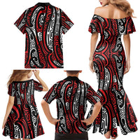 New Zealand Maori Taniko Family Matching Mermaid Dress and Hawaiian Shirt Red Kowhaiwhai Puhoro