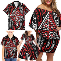 New Zealand Maori Taniko Family Matching Off Shoulder Short Dress and Hawaiian Shirt Red Kowhaiwhai Puhoro LT9 - Polynesian Pride