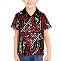 New Zealand Maori Taniko Family Matching Off Shoulder Short Dress and Hawaiian Shirt Red Kowhaiwhai Puhoro LT9 Son's Shirt Red - Polynesian Pride