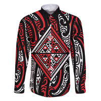 New Zealand Maori Taniko Family Matching Summer Maxi Dress and Hawaiian Shirt Red Kowhaiwhai Puhoro LT9 Dad's Shirt - Long Sleeve Red - Polynesian Pride