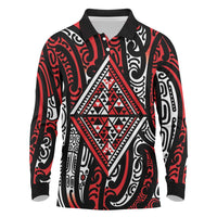 New Zealand Maori Taniko Long Sleeve Polo Shirt Red Kowhaiwhai Puhoro